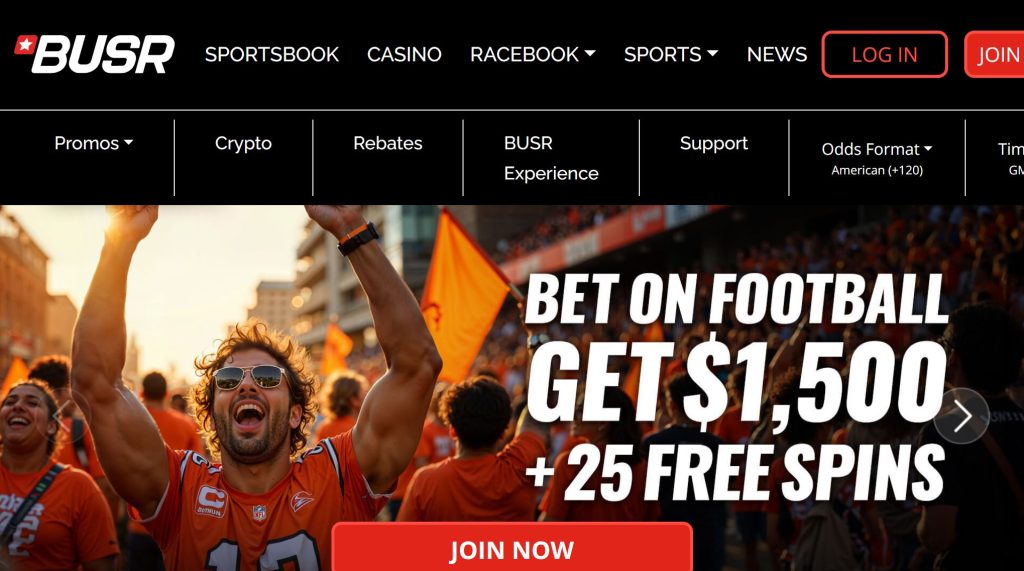 BUSR sportsbook interface showcasing racing and sports betting features with fast crypto payments.