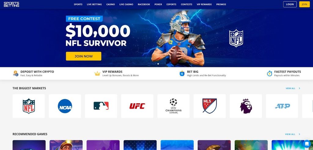 SportsBetting site offering early lines, crypto banking, and live wagers across major U.S. sports.