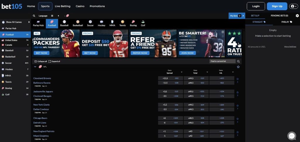 Bet105 platform displaying simple design, sharp odds, and great value lines for Illinois Sports Betting players.