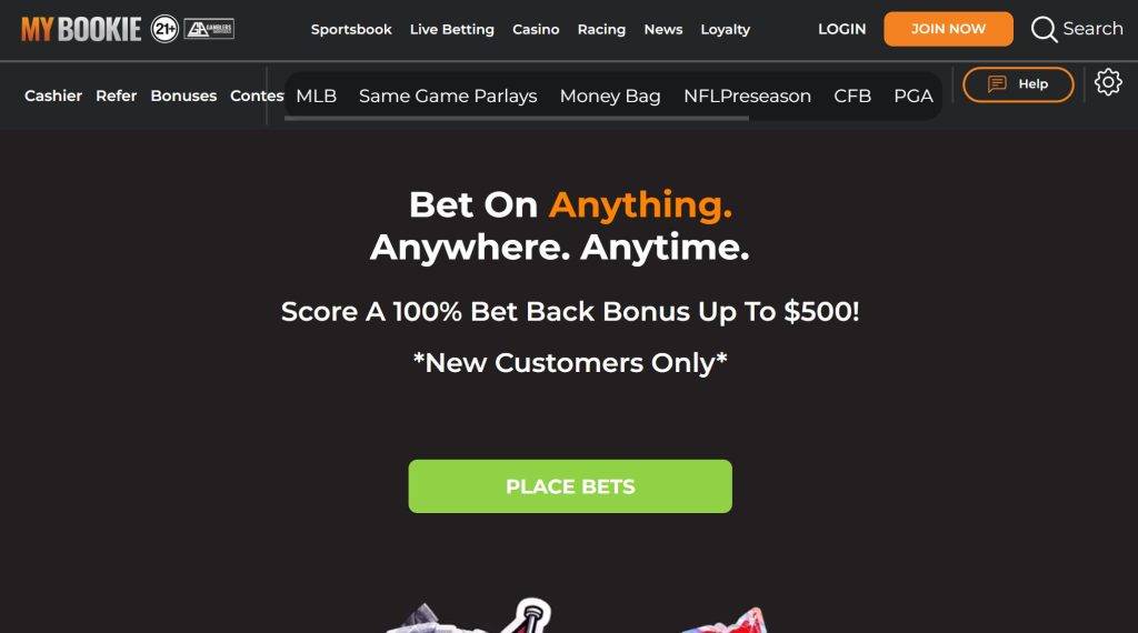 MyBookie betting site displaying high NFL game odds, player promotions, and crypto-friendly deposits.